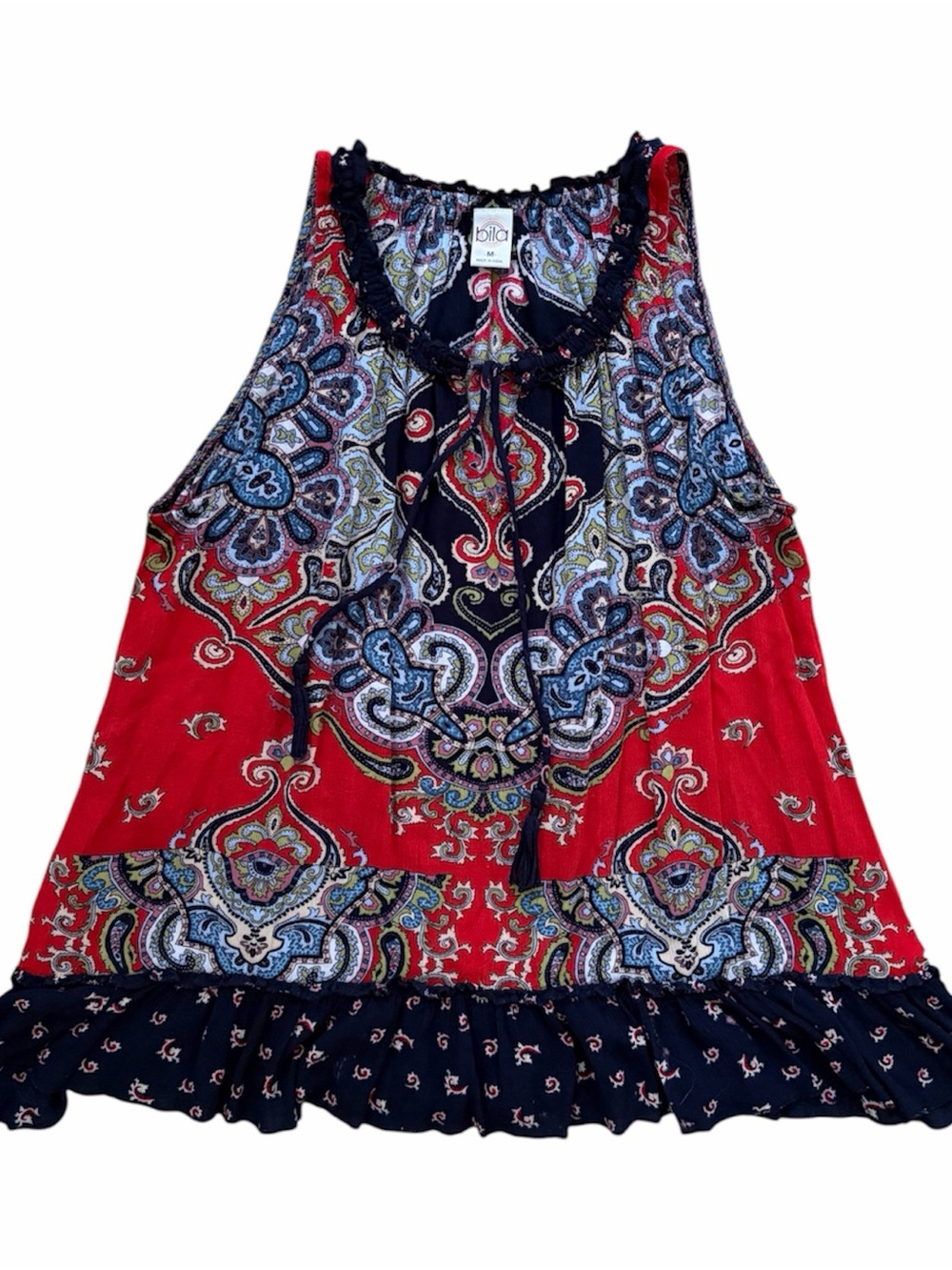 bila | Red Paisley Sleeveless Ruffle Hem Tank Top